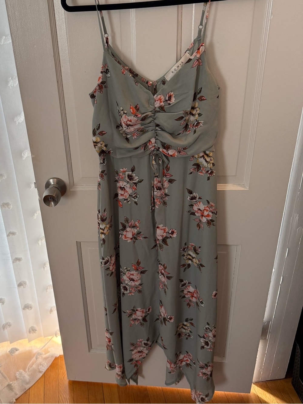 Ruched Spaghetti-Strap Floral Midi Dress in Sage